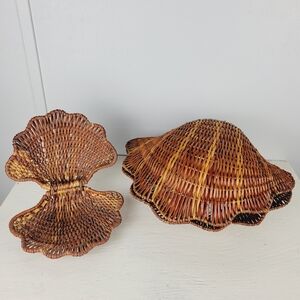 Vintage Wicker Rattan Clamshell Storage Baskets Nautical Home Decor Set Of 2